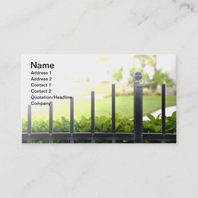 top of an outdoor black iron fence business card (Front)