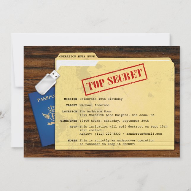 Top Secret Agent Mission Surprise Party Invitation (Front)