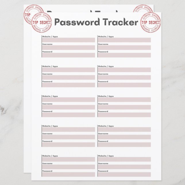 Top Secret Password Tracker Paper Sheet (Front/Back)