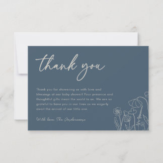 Topaz Blue Wildflower Line Art Baby Shower Thank You Card