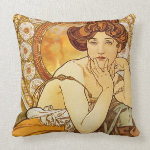 Topaz Gems Series, Alphonse Mucha Art Nouveau Throw Pillow