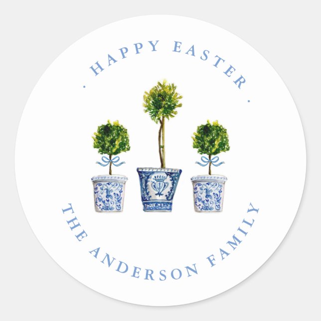 Topiaries Blue & White Happy Easter Label / Seal (Front)
