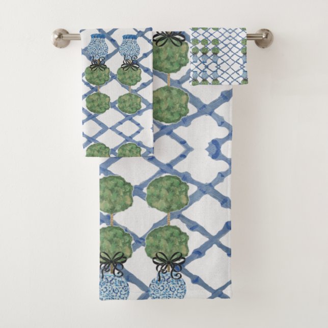 Topiary Blue White Ginger Jar Jars  Bath Towel Set (Insitu)