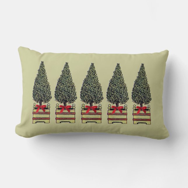 Topiary Christmas Trees on Khaki or Custom Colour Lumbar Pillow (Front)