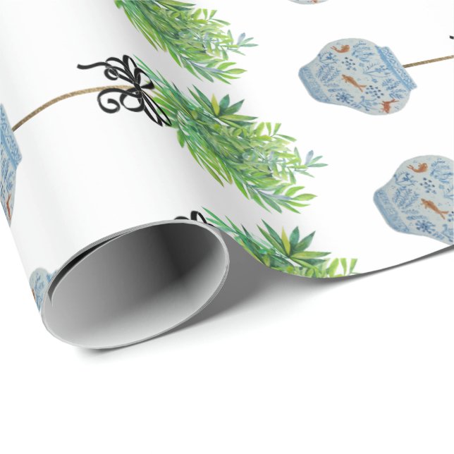 Topiary Topiaries Blue and White Ginger Jar Wrapping Paper (Roll Corner)
