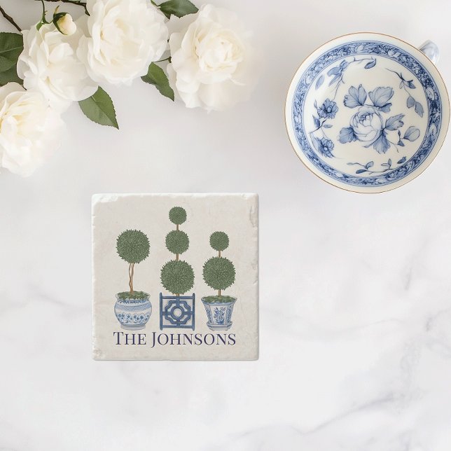 Topiary Tree Chinoiserie Trio  Stone Coaster (Chinoiserie topiary tree personalized garden lover stone coaster)
