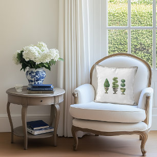 Topiary Tree in Stone Planters and Ticking Stripe Throw Pillow