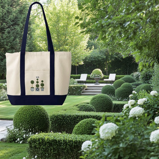 Topiary Tree Monogrammed Contrast Color Canvas Tote Bag (Monogram topiary tree garden lover tote bag)