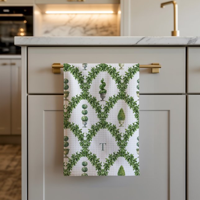 Topiary Tree Trellis Monogrammed  Kitchen Towel (Topiary tree trellis kitchen towel)