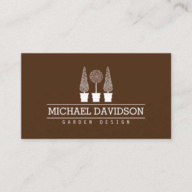 Topiary Trio Gardener Landscaping Brown Business Card (Front)