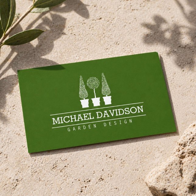 Topiary Trio Gardener Landscaping Green/White Business Card (Creator Uploaded)