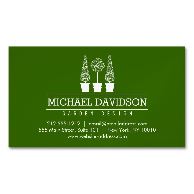 Topiary Trio Gardener Landscaping Green/White Magnetic Business Card (Front)