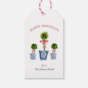 Topiary with red bow Happy Holidays Gift Tags