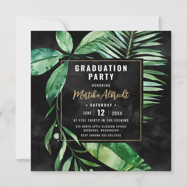 Topical Leaf | Green and Black | Photo Graduation Invitation (Back)