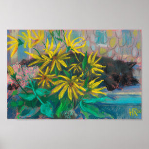 Topinambour Dreams Black Cat Yellow Flowers Pastel Poster