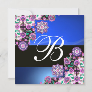 TOPKAPI BLUE BLACK  DAMASK MONOGRAM pink purple Invitation