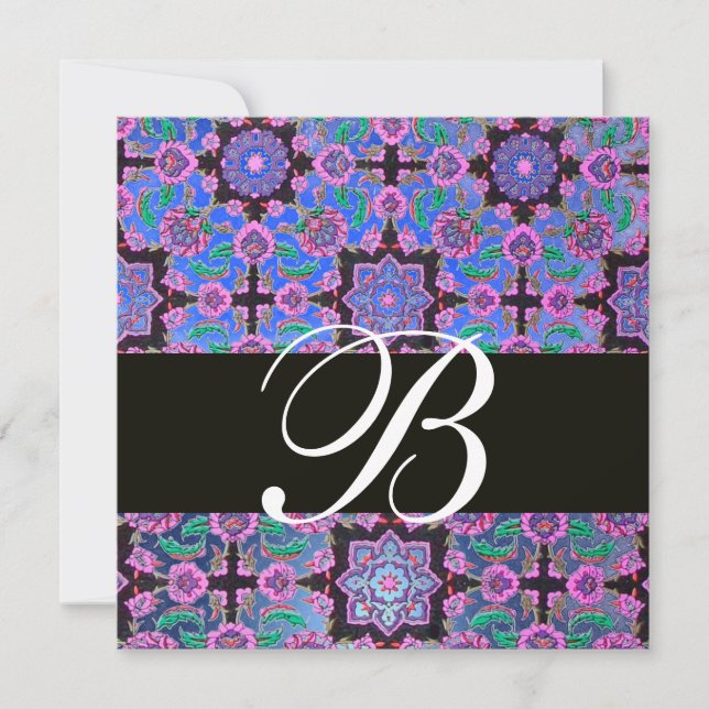 TOPKAPI BLUE BLACK  DAMASK MONOGRAM pink purple Invitation (Front)