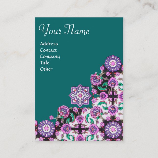 TOPKAPI,FLORAL PINK GREEN  ORIENTAL DAMASK FLOWERS BUSINESS CARD (Front)