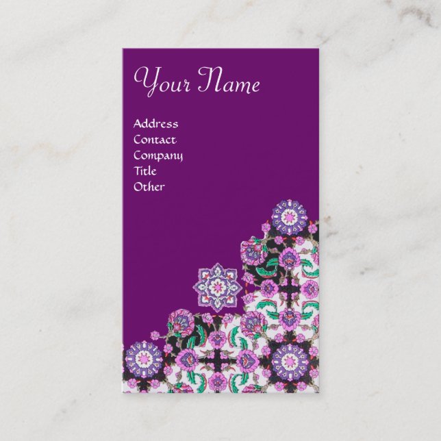 TOPKAPI,FLORAL PINK GREEN ORIENTAL FLOWERS Purple Business Card (Front)