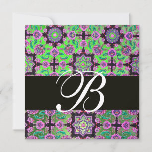 TOPKAPI GREEN BLACK DAMASK MONOGRAM pink blue Invitation