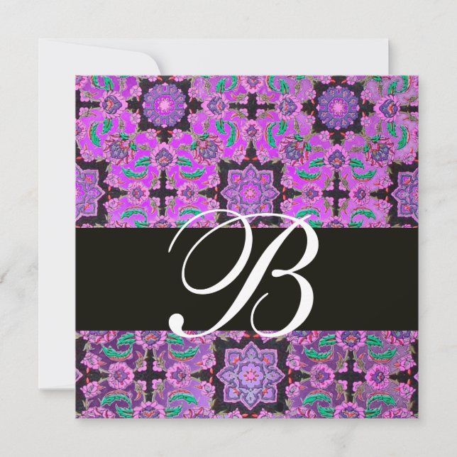 TOPKAPI PURPLE  BLACK  DAMASK MONOGRAM pink green Invitation (Front)
