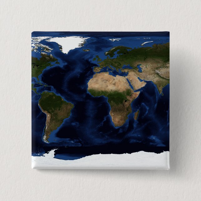 Topographic & bathymetric shading of full earth 2 inch square button (Front)
