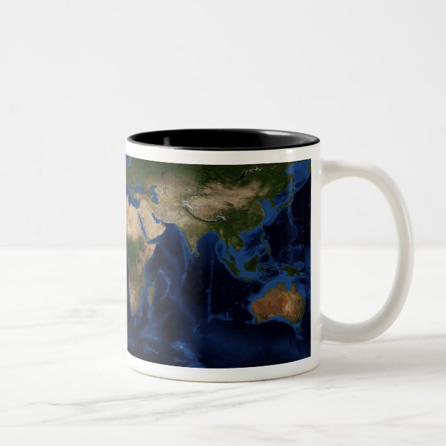 Topographic & bathymetric shading of full earth Two-Tone coffee mug (Right)