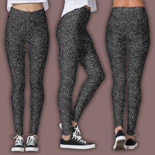 Topographic Maze Activewear   Black and White Line Leggings