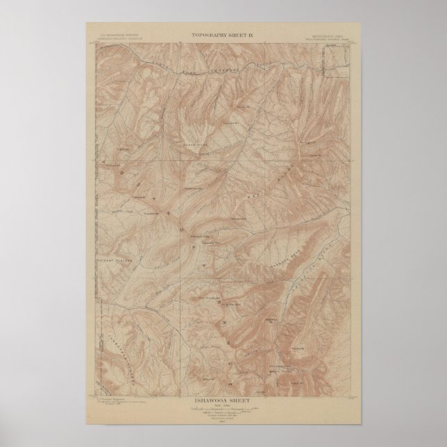 Topography Map, Yellowstone National Part, Wyoming Poster (Front)