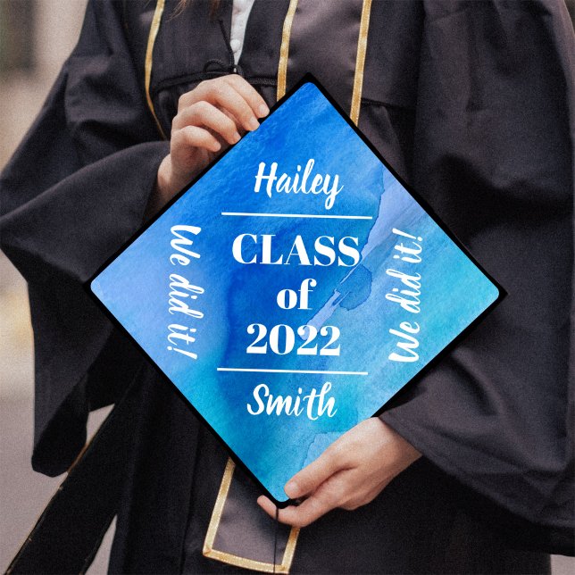 Toque De Diplômé Aquarelle bleue Nom et classe Année Typographie (Créateur téléchargé)
