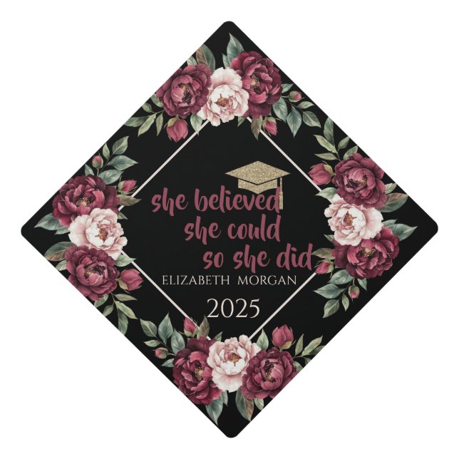 Toque De Diplômé Aquarelle Bourgogne Rose Parties scintillant Casqu (Devant)