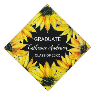Toque De Diplômé Aquarelle florale jaune tournesol Script moderne