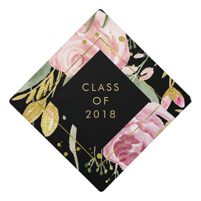 Toque De Diplômé Aquarelle rose et or floral| Classe 2018 (Devant)