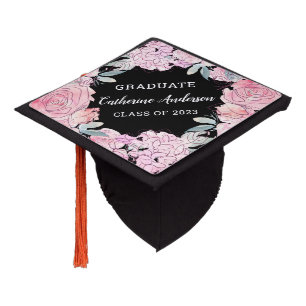Toque De Diplômé Aquarelle rose rose moderne Script Floral noir