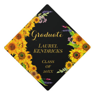 Toque De Diplômé Aquarelles florales Tournesols or