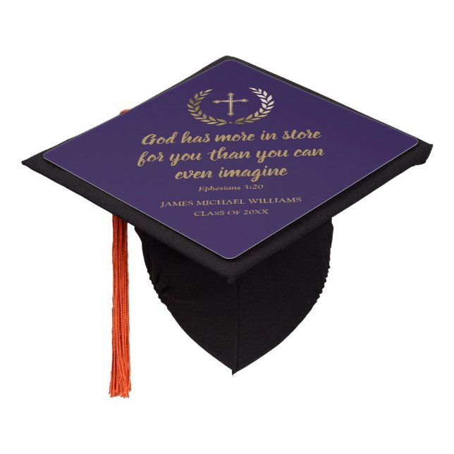 Toque De Diplômé Bible Verse Gold Script Laurel Wreath Purple (Incliné)
