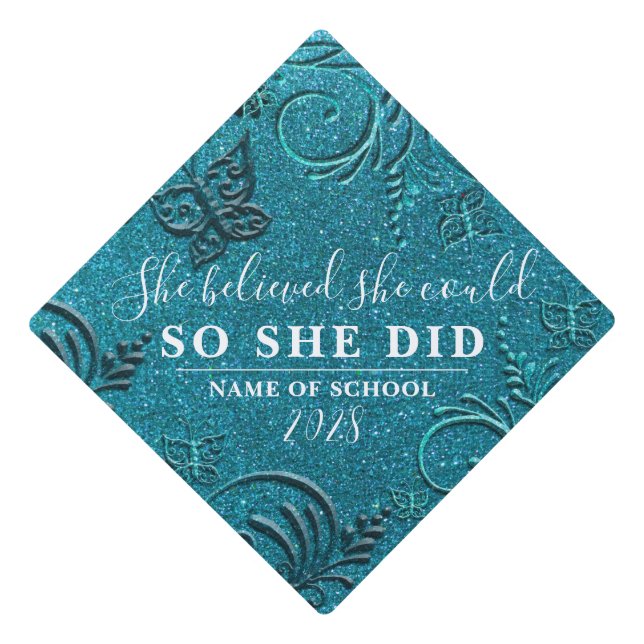 Toque De Diplômé Bleu Turquoise Bleu Parties scintillant Noir Grand (Devant)