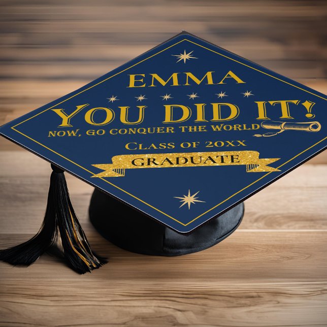 Toque De Diplômé Blue Gold Classe De Parties scintillant De 2025 Vo (Blue Gold Glitter Class Of 2025 You Did It Quote Graduation Cap Topper)