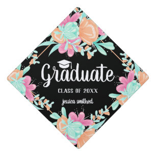 Toque De Diplômé Bright orange rose fleurs turquoise script