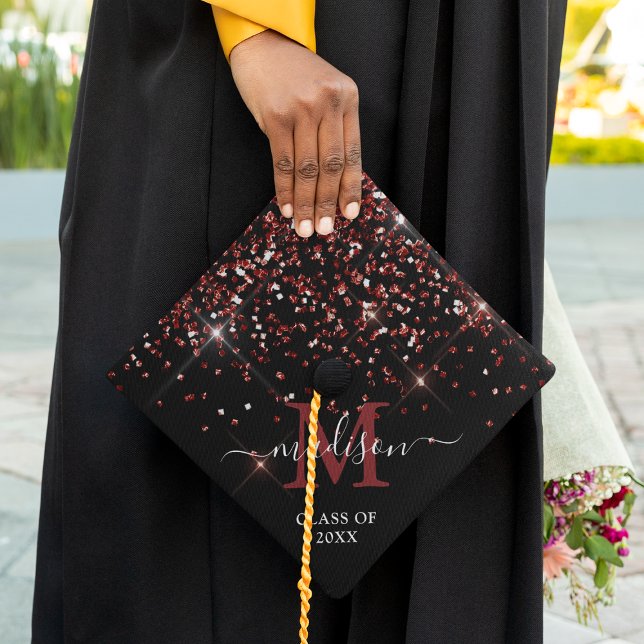 Toque De Diplômé Burgundy Confetti Monogram Graduation Cap Topper (Créateur téléchargé)