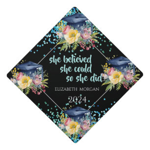 Toque De Diplômé Casquette de graduation Florale Bleue, Confetti