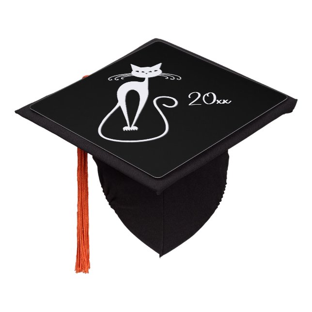Toque De Diplômé Chat blanc brillant avec année (Incliné)
