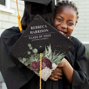 Toque De Diplômé Chic Fille Bourgogne Florales, Graduate de verdure