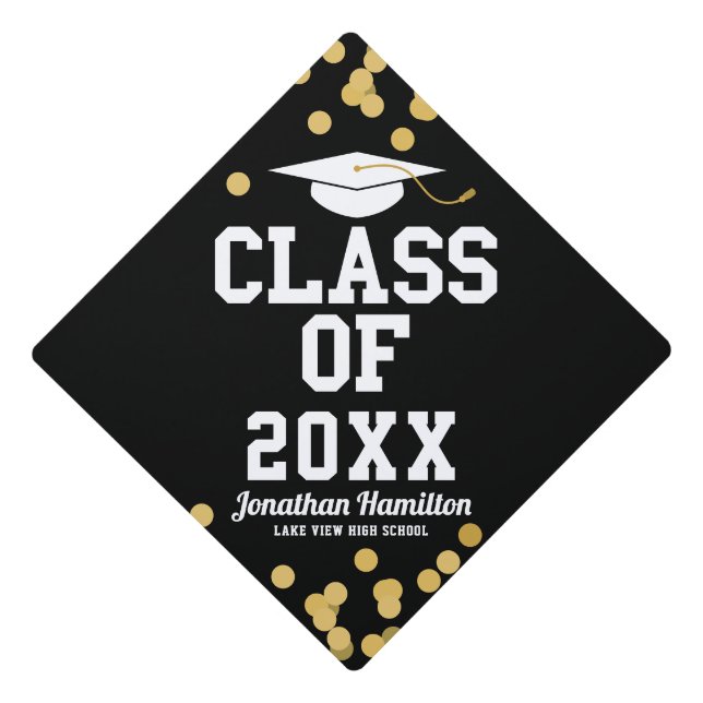 Toque De Diplômé Classe 2021 Confettis Noir Or (Devant)