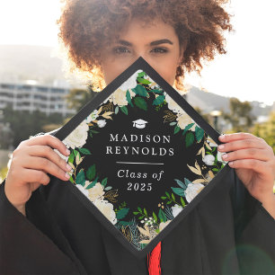 Toque De Diplômé Classe de 2024 Ivory Green Gold Floral Graduate