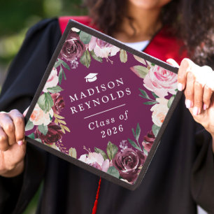 Toque De Diplômé Classe de 2026 Amour Floral Aquarelle Violet Prune