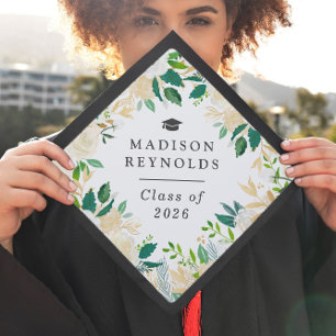 Toque De Diplômé Classe de 2026 Aquarelle Vert Blanc Or Floral