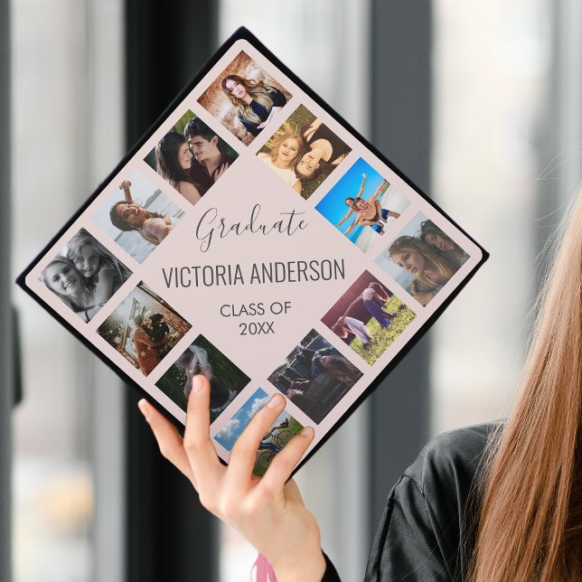 Toque De Diplômé Collage photo personnalisé Nom de l'année rose (Créateur téléchargé)
