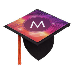 Toque De Diplômé Coucher de soleil d'été Palmiers Monogramme violet