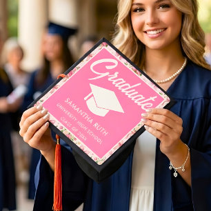 Toque De Diplômé Couronne de fleurs rose rayée Rubans et noeuds Gra